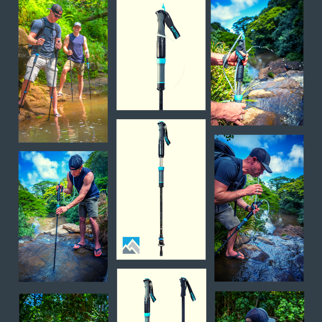 PurTrek is the world's 1st and only water filtering trekking pole. Save weight and space, and never go without life-preserving water. PurTrek filters up to 2 liters a minute – 2x the normal filter – and has a 2,000 gallon capacity per filter cartridge.
